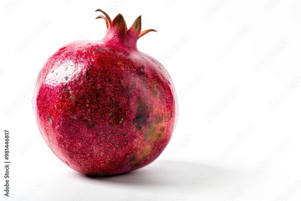 Poster a single pomegranate fruit on a white surface, ready for use in various compositions