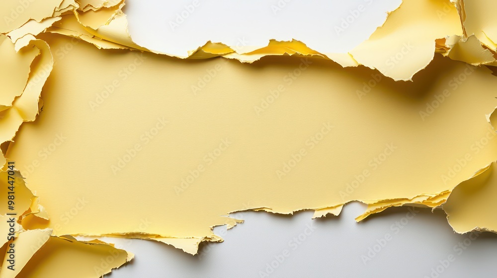 Poster A yellow background with a white border and a torn piece of paper in the middle. The torn paper has a jagged edge and he is ripped in half. Concept of chaos and disarray