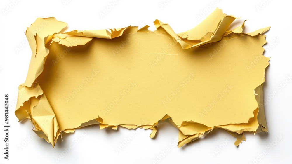 Poster A yellow piece of paper with a tear in it, the tear is in the middle of the paper. The paper appears to be torn and crumpled, giving it a sense of disarray and chaos