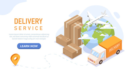 Delivery service isometric poster. Cardboard boxes, truck near planet. Logistics and shipping, transportation. Landing webpage design. 3D vector illustration