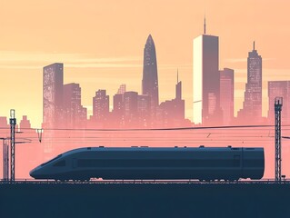 Silhouetted city skyline with high speed train transportation in motion during sunset