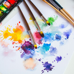 Obraz premium Art supplies including watercolor brushes and vibrant paint splashes representing creativity and inspiration on a white backdrop