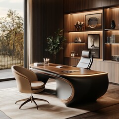 Modern office interior design with a large wooden desk, two chairs, and a bookcase.