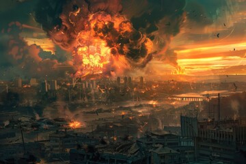 Naklejka premium Explosion in the city causing massive smoke and fire, useful for disaster or chaos scenes