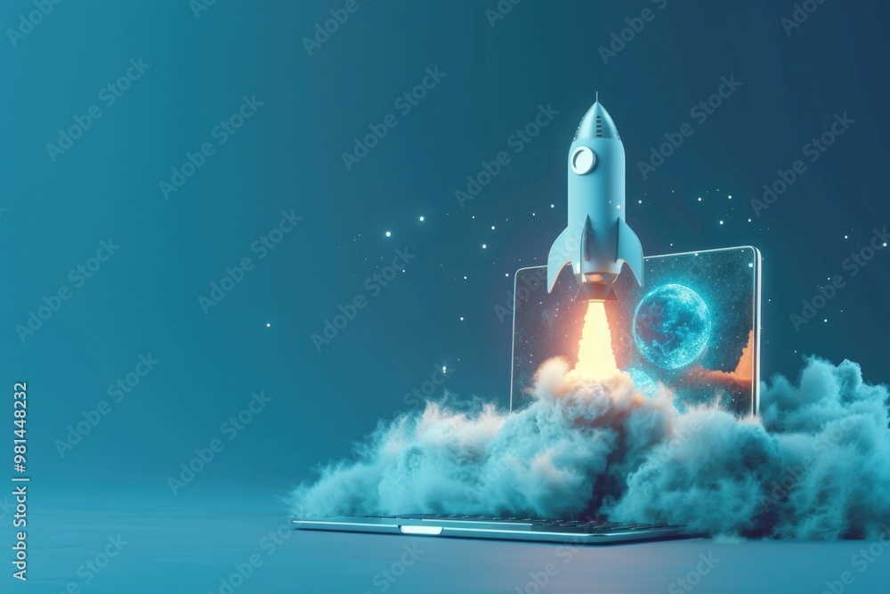 Poster a laptop computer with a rocket launching from it