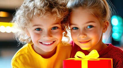 Three happy children holding christmas present smiling at home