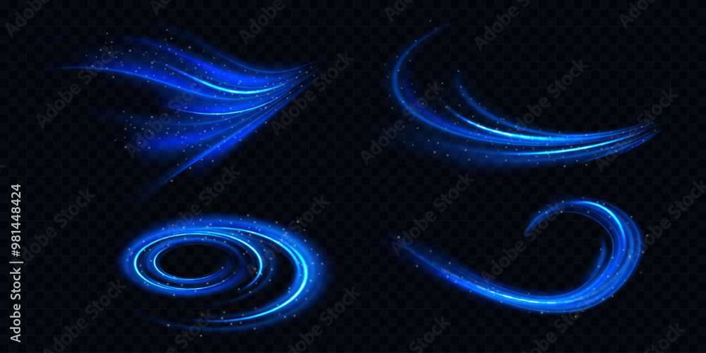 Poster cold air effect, winter wind swirls and wave. blue streams of fresh breeze flows isolated on transpa