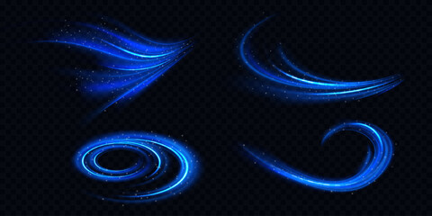 Cold air effect, winter wind swirls and wave. Blue streams of fresh breeze flows isolated on transparent background. Whirlwind, vortex light effect, vector realistic illustration © Alesya