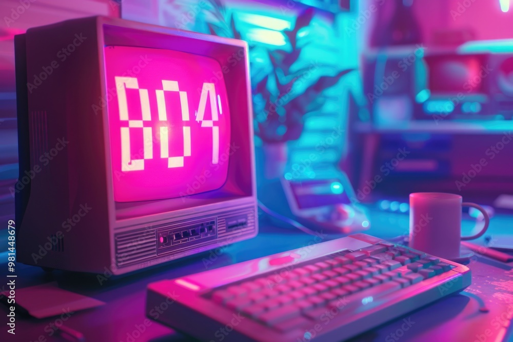 Poster a computer monitor sits on a desk next to a keyboard, ideal for office or workspace scenes