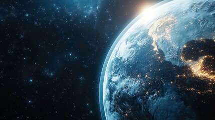 Fototapeta premium Earth from space with a glowing sunrise.