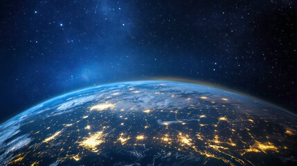 Obraz premium A view of Earth from space with city lights shining brightly against a backdrop of a starry night sky.