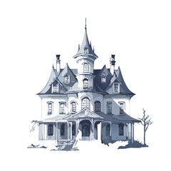 Obraz premium Haunted house sketch design. Spooky haunted mansion pen sketch vector art design.