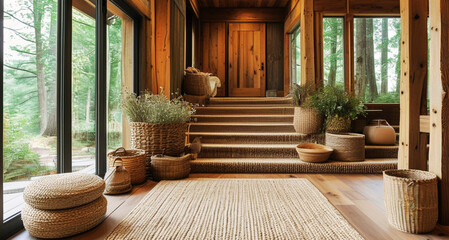 Natural earthy hallway interior with woven baskets, wooden elements, and serene outdoor views