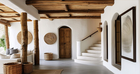 Rustic Mediterranean-inspired hallway with wooden beams, white walls, and woven accents, cozy decor