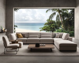 Serene Coastal Retreat Modern Living Room with L-Shaped Sectional Sofa, Beach View Window, Minimalist Decor Tranquil Home Interior Design