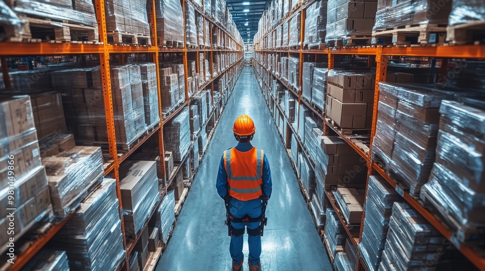 Aufkleber workers in exoskeletons navigating a busy warehouse with stacked pallets during daylight hours