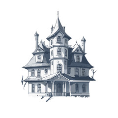 Obraz premium Haunted house sketch design. Spooky haunted mansion pen sketch vector art design.