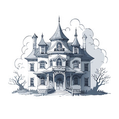Fototapeta premium Haunted house sketch design. Spooky haunted mansion pen sketch vector art design.