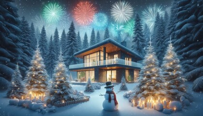 Christmas night with an illuminated house with snowmen and Christmas trees in the forest, with festive fireworks