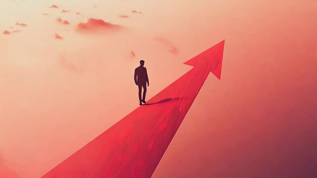 Man standing on top of a red upward arrow in a symbolic scene of achievement