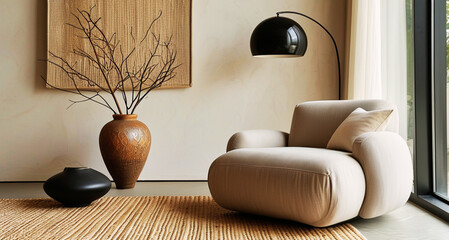 Minimalist living room with large armchair, earthy decor, and modern floor lamp, cozy modern space