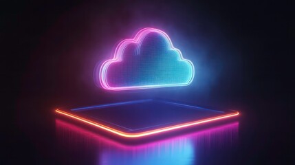 Neon cloud symbol hovering above a glowing tablet on a dark background.