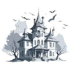Obraz premium Haunted house sketch design. Spooky haunted mansion pen sketch vector art design.