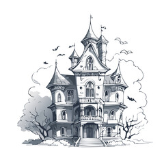 Obraz premium Haunted house sketch design. Spooky haunted mansion pen sketch vector art design.
