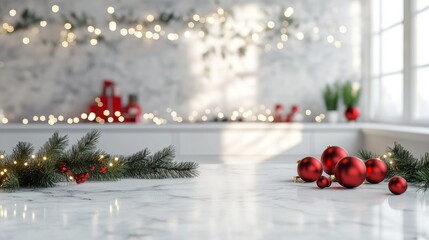 A white kitchen counter with lots of red Christmas decorations on it with copy space