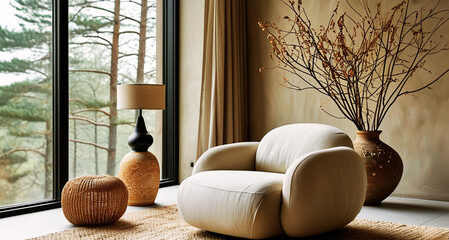 Modern living room with large armchair, floor lamp, and natural decor, minimalist and cozy design