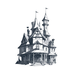 Fototapeta premium Haunted house sketch design. Spooky haunted mansion pen sketch vector art design.