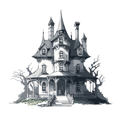 Fototapeta premium Haunted house sketch design. Spooky haunted mansion pen sketch vector art design.