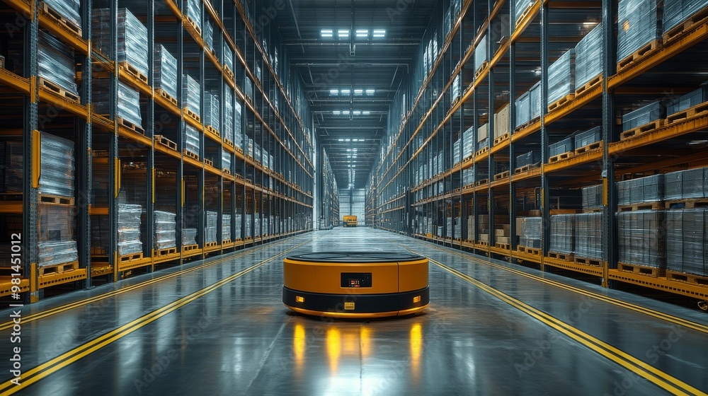 Poster energy-efficient warehouse with automated systems and optimized storage layout in daytime
