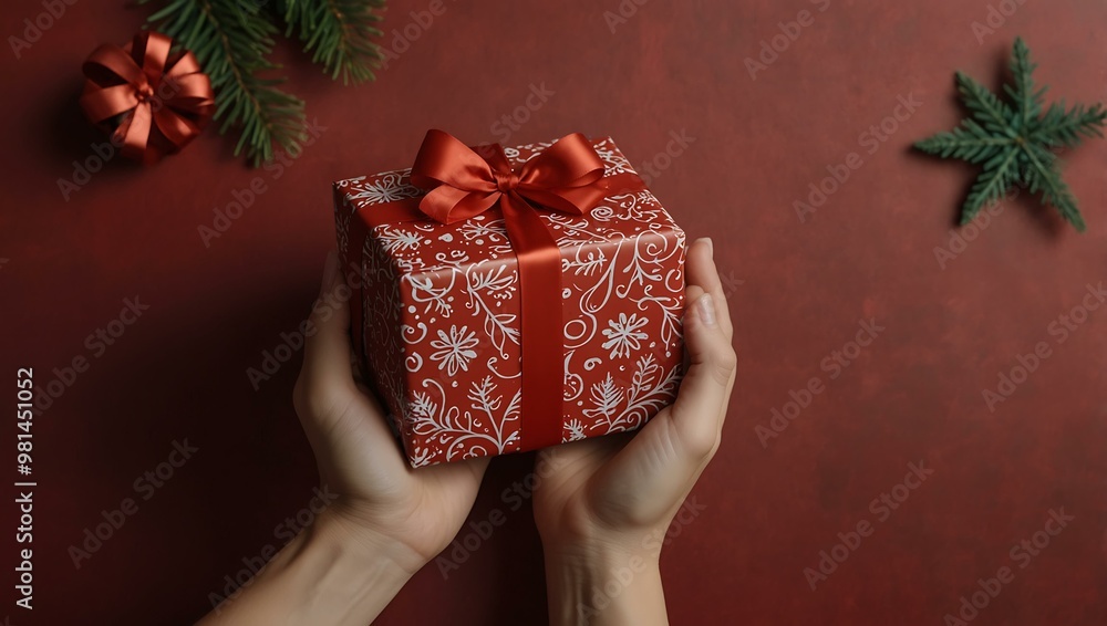 Wall mural Hands presenting a gift box on a red background with Christmas decor.