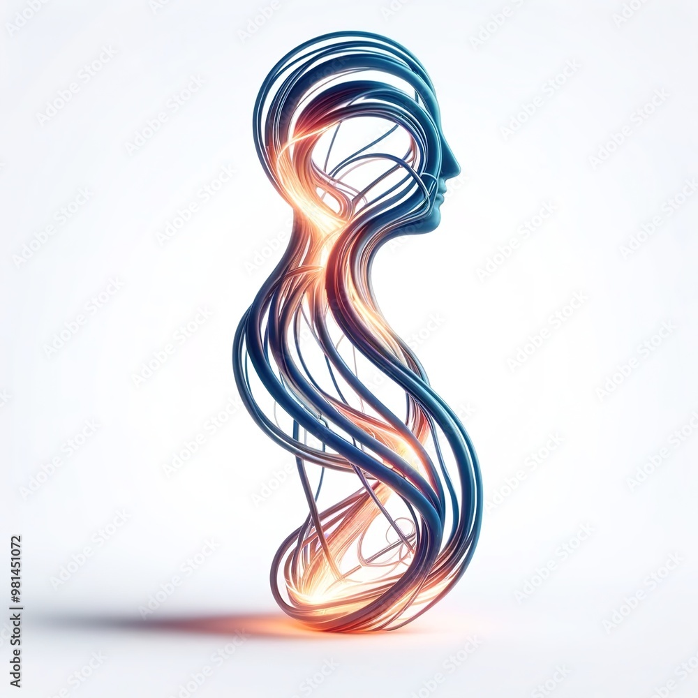 Poster an abstract human figure consisting of various lines with glowing elements