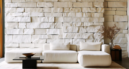 Luxurious Modern Living Room with Textured Stone Wall and Minimalist White Sofa