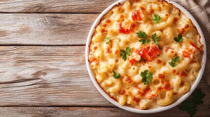 Creamy lobster mac and cheese garnished with fresh herbs on a rustic wooden table setting