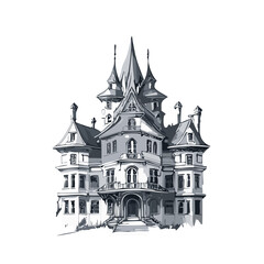 Obraz premium Haunted house sketch design. Spooky haunted mansion pen sketch vector art design.