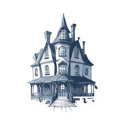 Fototapeta premium Haunted house sketch design. Spooky haunted mansion pen sketch vector art design.