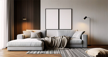 Minimalist Lounge with Grey Sofa, Striped Rug, and Contemporary Black Lighting