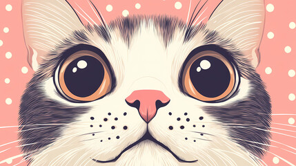 Illustration of a sweet cartoon cat face in 2d format. Polka Dots. Illustration