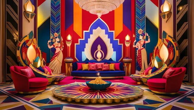 An Art Deco-inspired image of a Diwali celebration. Geometric patterns, bold colors, and stylized figures in a glamorous setting