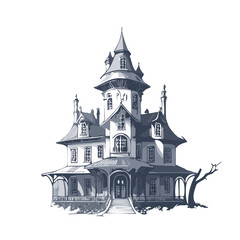 Fototapeta premium Haunted house sketch design. Spooky haunted mansion pen sketch vector art design.