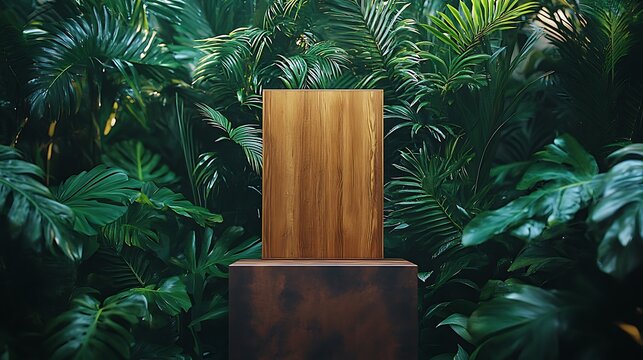 Mockup of a wooden stand surrounded by tropical foliage, creating a connection to nature and sustainability.