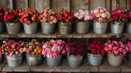 Nostalgia vintage silver buckets crammed full with lush peony buds and other vintage blooms flowers rustic background. 