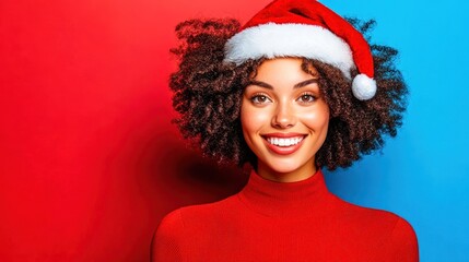 Beautiful woman with curly hair smiling in red winter clothes