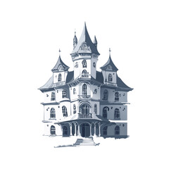 Obraz premium Haunted house sketch design. Spooky haunted mansion pen sketch vector art design.