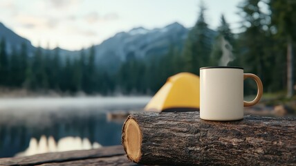 A serene camping scene featuring a steaming mug on a log with mountains and a tent in the background, perfect for relaxation.