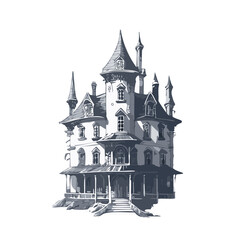 Obraz premium Haunted house sketch design. Spooky haunted mansion pen sketch vector art design.