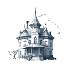 Fototapeta premium Haunted house sketch design. Spooky haunted mansion pen sketch vector art design.